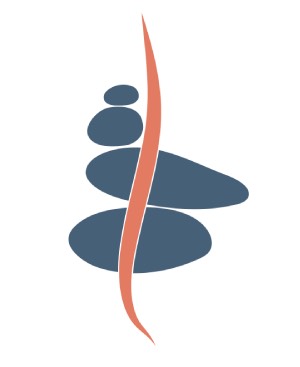 Reflexation logo, figurative spiral column in front of balancing blue stones.